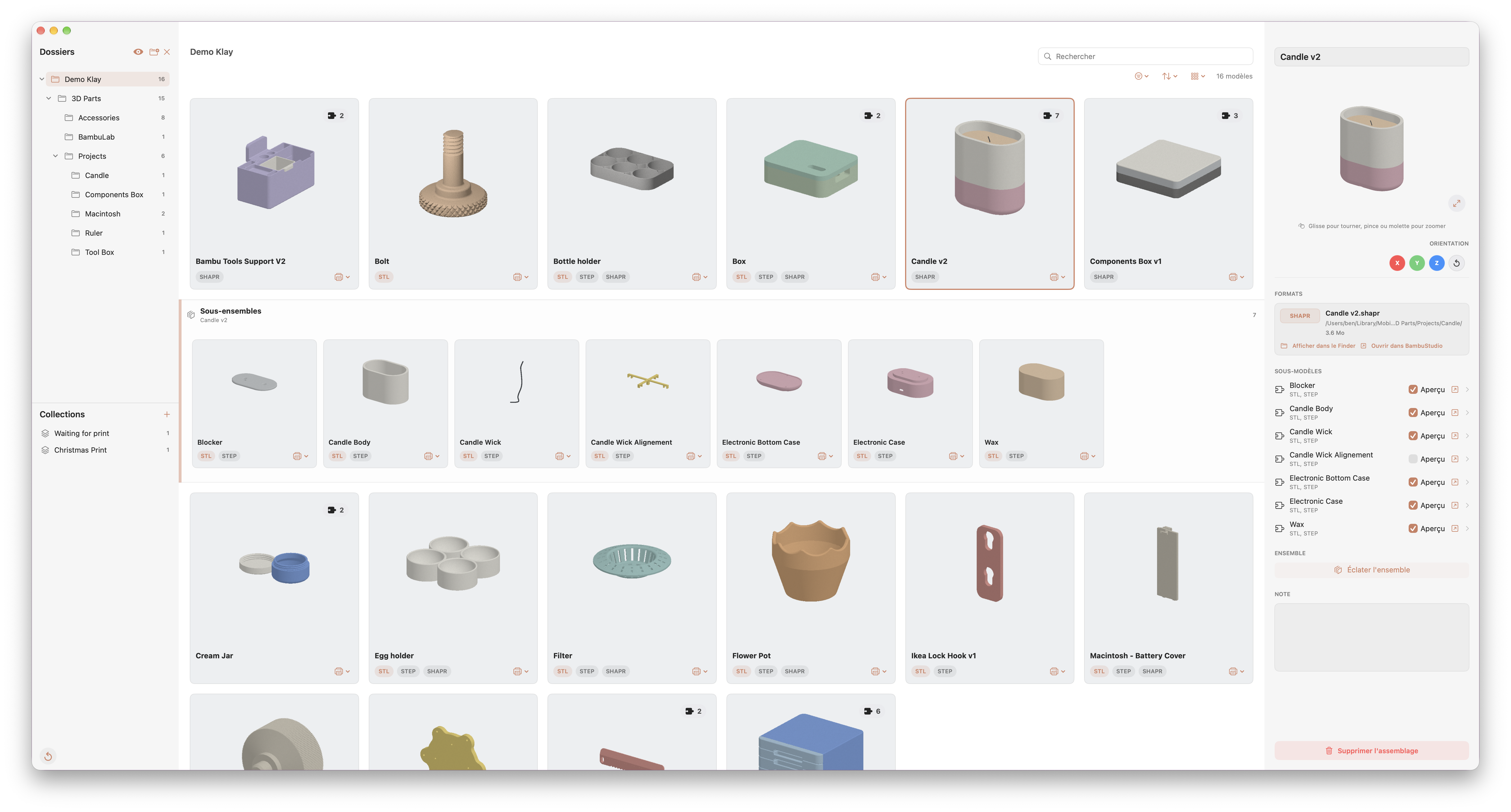 Interface de Klay affichant une bibliothèque de modèles 3D et l’aperçu d’une pièce sélectionnée