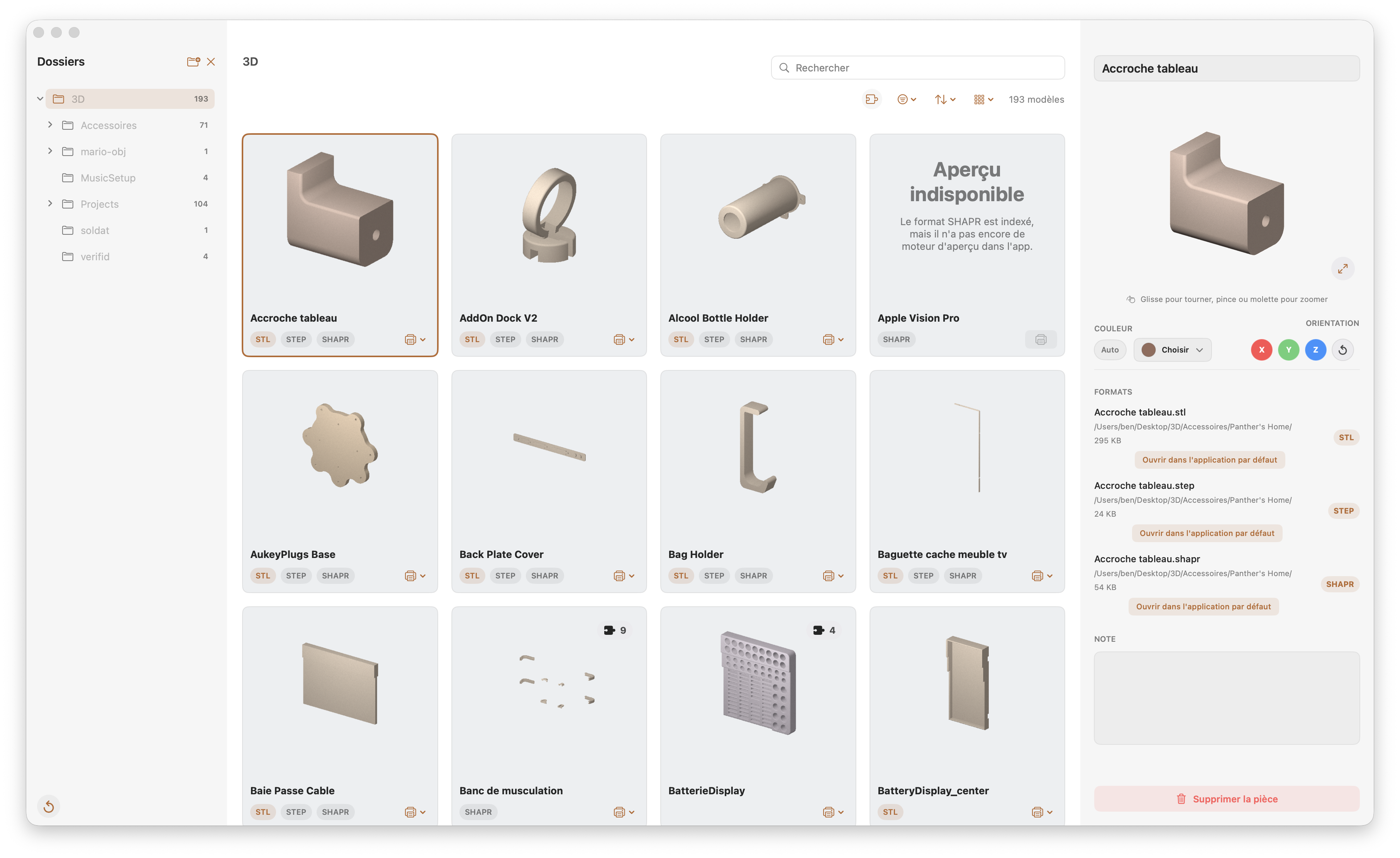 Interface de Klay affichant une bibliothèque de modèles 3D et l’aperçu d’une pièce sélectionnée